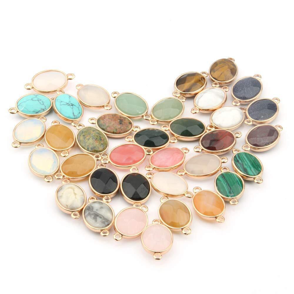 3620 10 Pcs Natural Stone Connectors Oval Shape Faceted Random Color